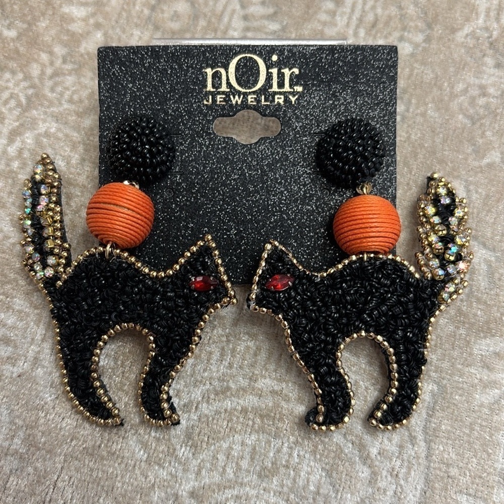Brand New nOir Jewelry Halloween Black Cat Beaded Earrings Kitty Orange Bauble